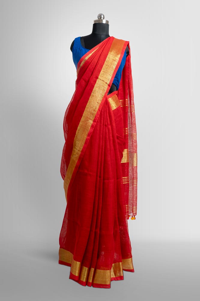 Red with Gold Plain Zari Handloom Linen