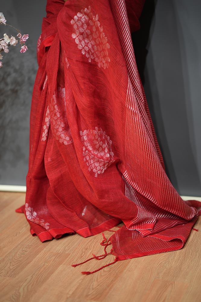 Red Handloom Linen Saree with Silver Zari Flower