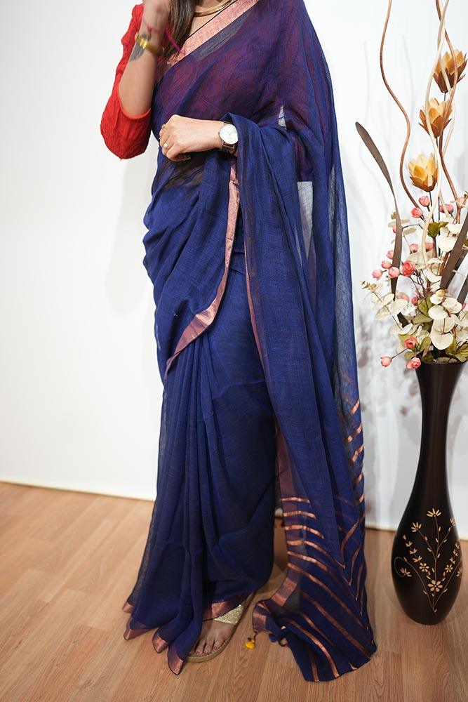 Plain Royal Blue Handloom Linen Saree with Copper Zari Strips