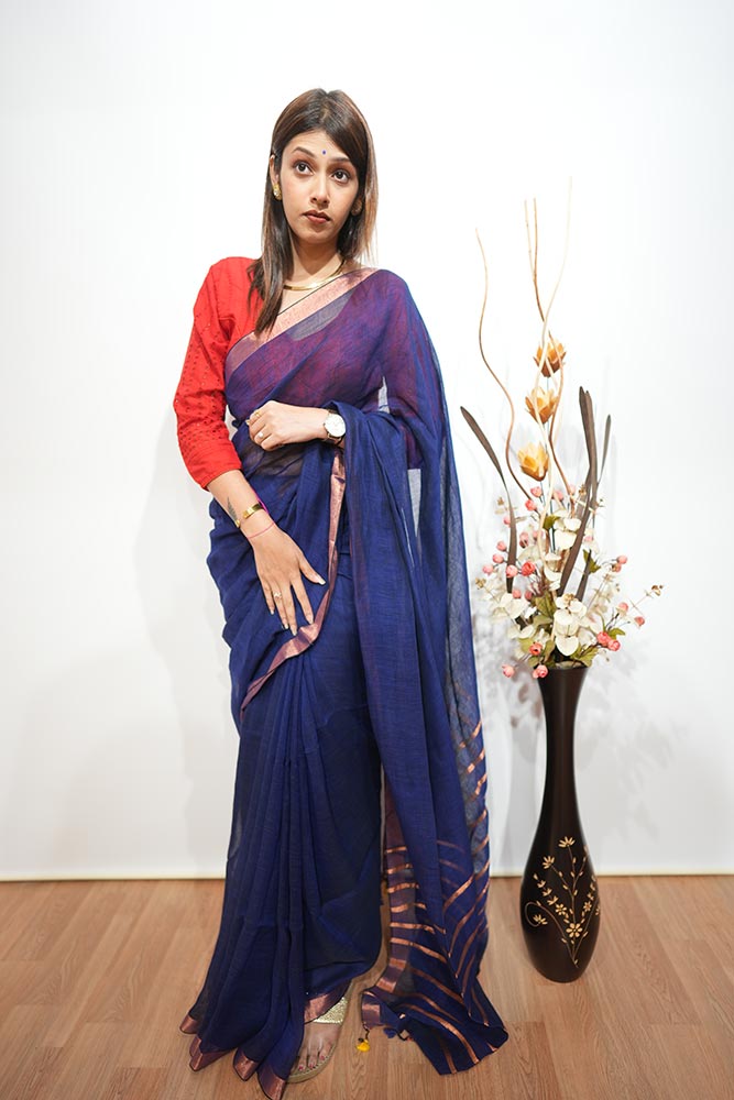 Plain Royal Blue Handloom Linen Saree with Copper Zari Strips