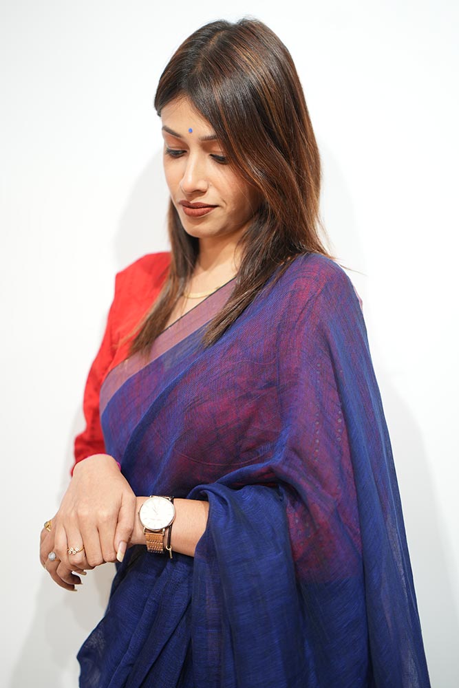 Plain Royal Blue Handloom Linen Saree with Copper Zari Strips