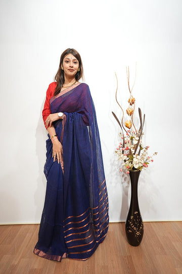 Plain Royal Blue Handloom Linen Saree with Copper Zari Strips