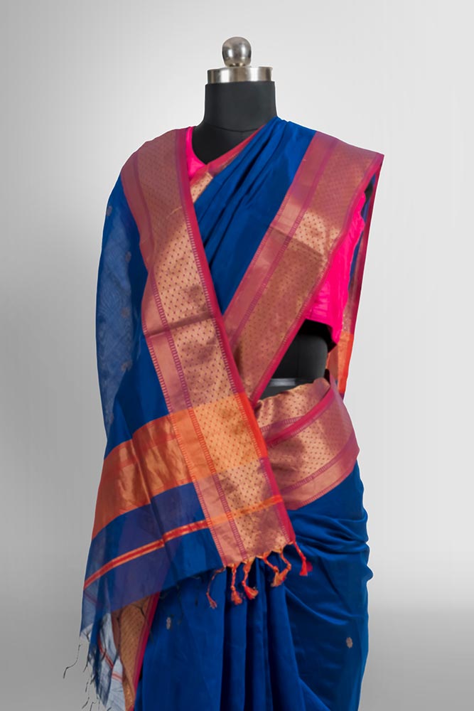 Royal Blue Maheswari Zari Butti Pallu Handloom