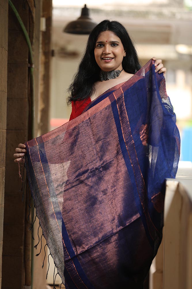 Royal Blue Rose Butti Handloom Linen