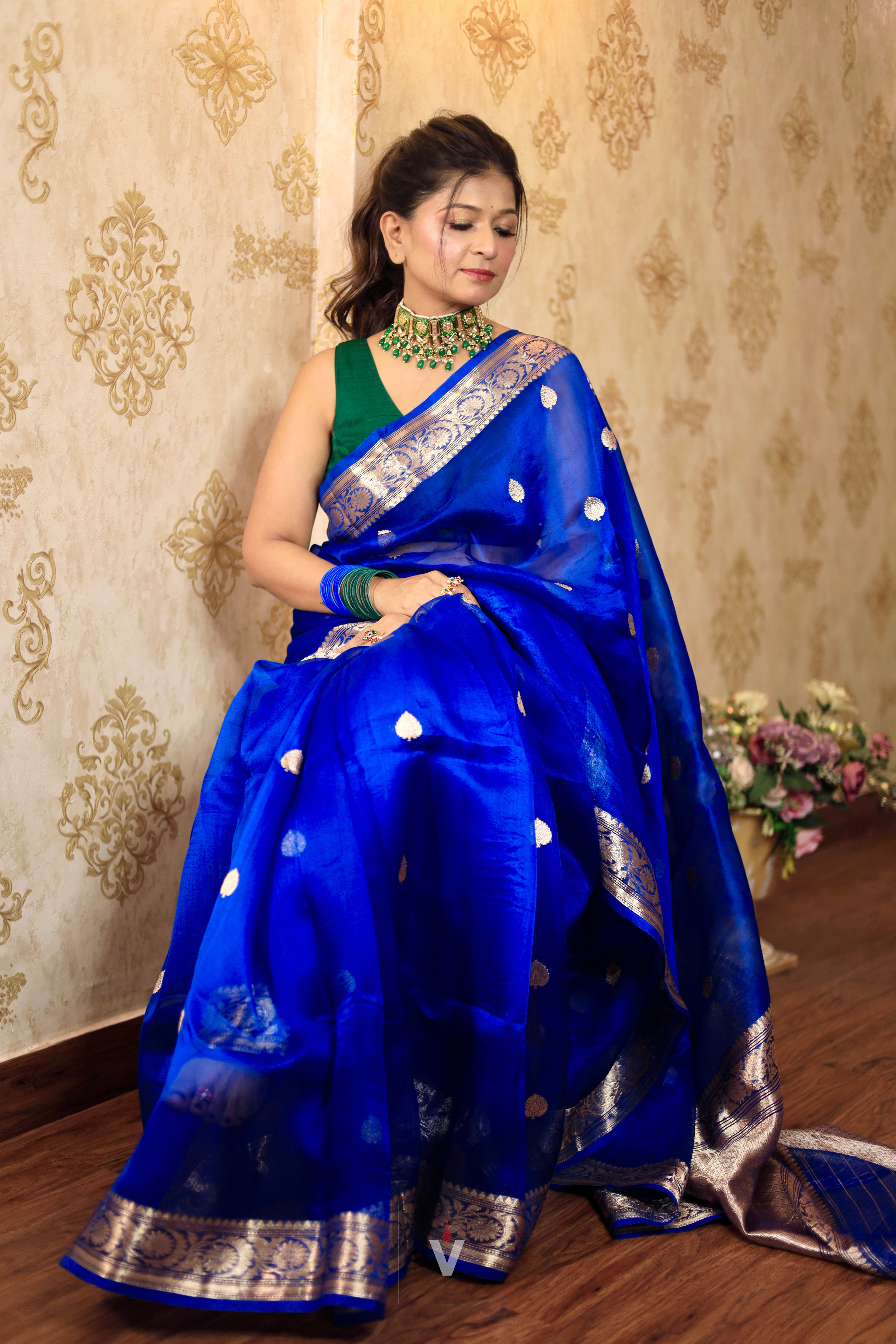 Royal Blue Kora Silk Handloom Banarasi Saree with elegant gold zari butti and woven border