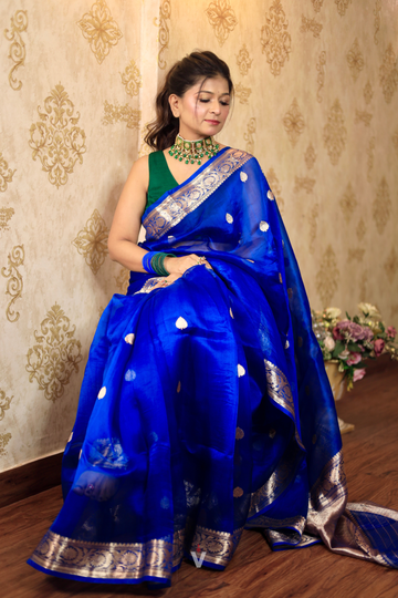 Royal Blue Kora Silk Handloom Banarasi Saree with elegant gold zari butti and woven border