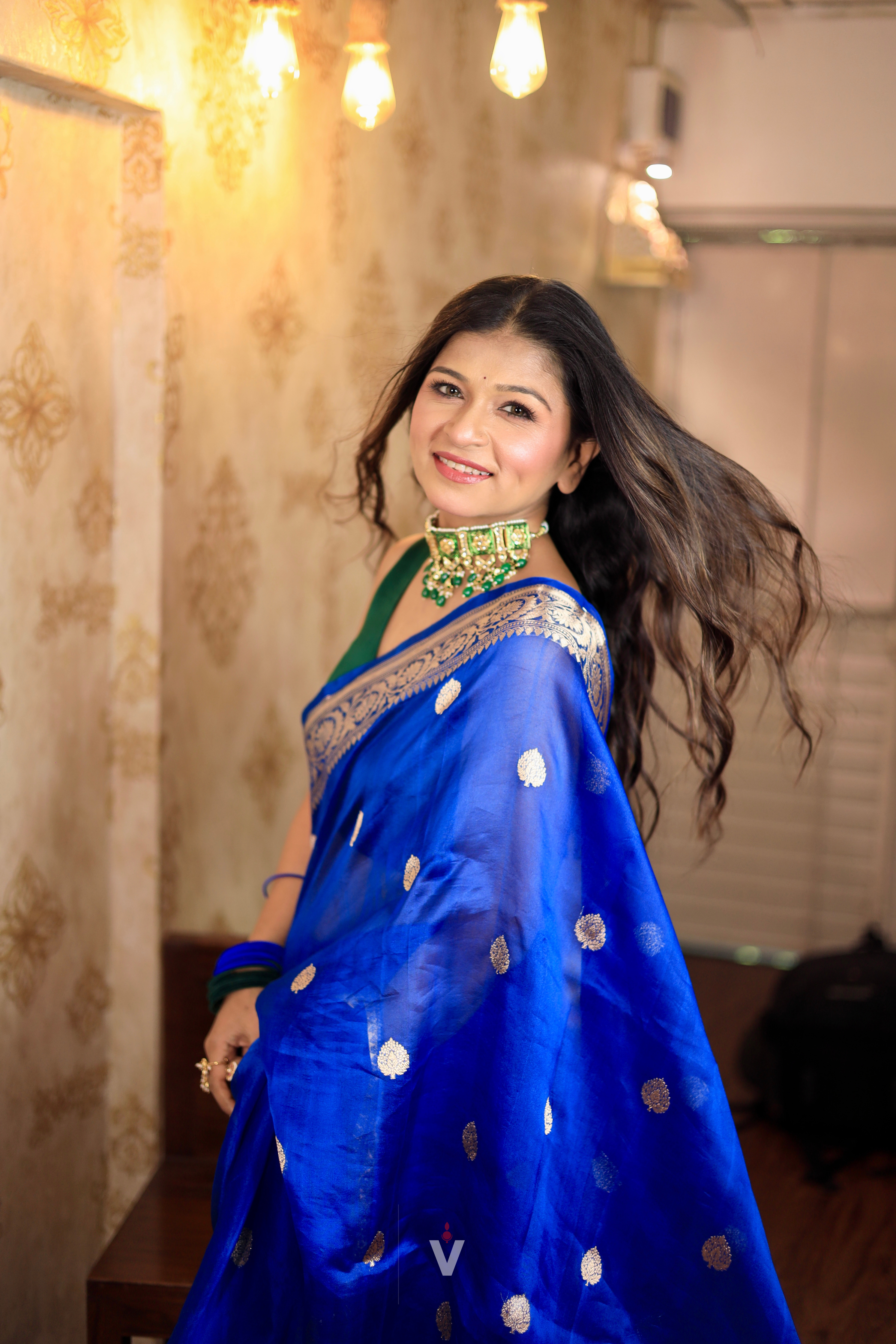 Graceful drape of Authentic Royal Blue Kora Silk Handloom Banarasi Saree for festive occasions