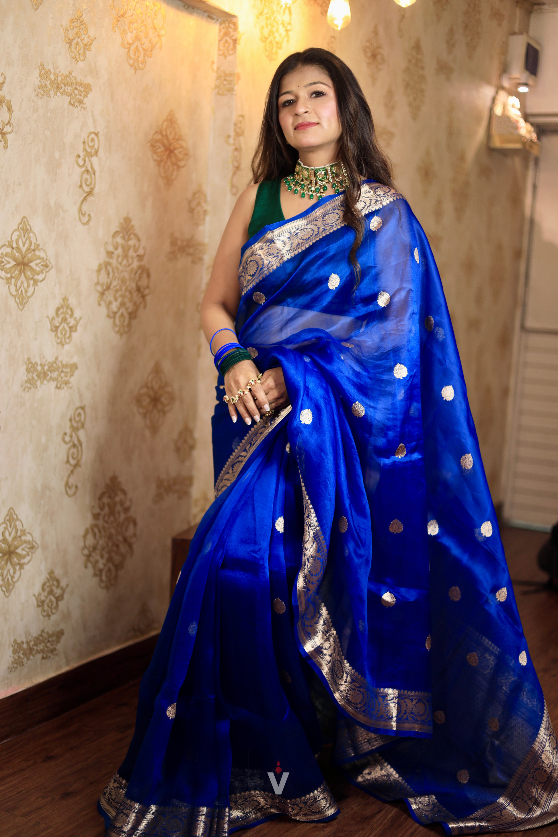 Royal Blue Kora Silk Banarasi Saree featuring lightweight handloom weave and intricate zari border