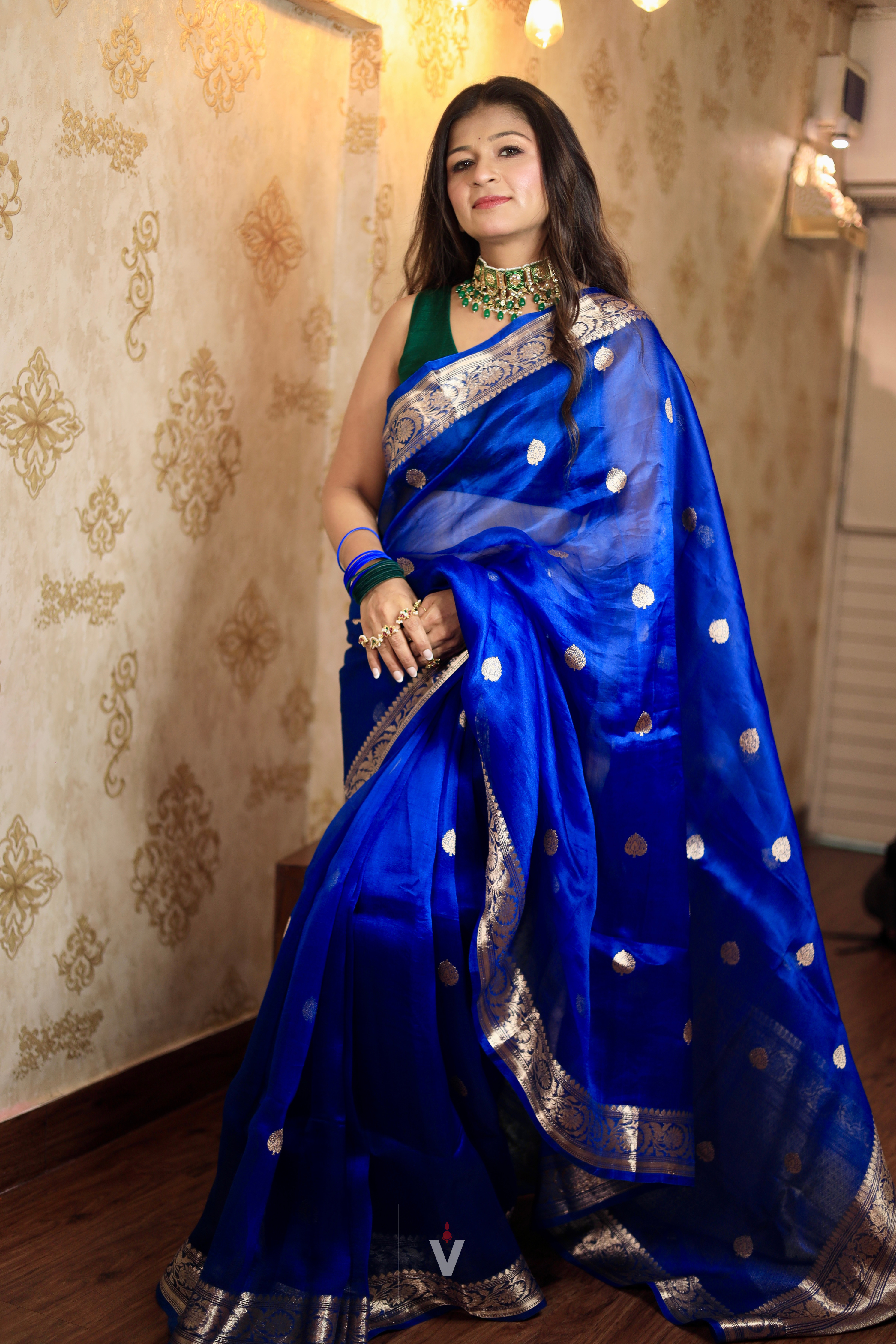 Royal Blue Kora Silk Banarasi Saree featuring lightweight handloom weave and intricate zari border