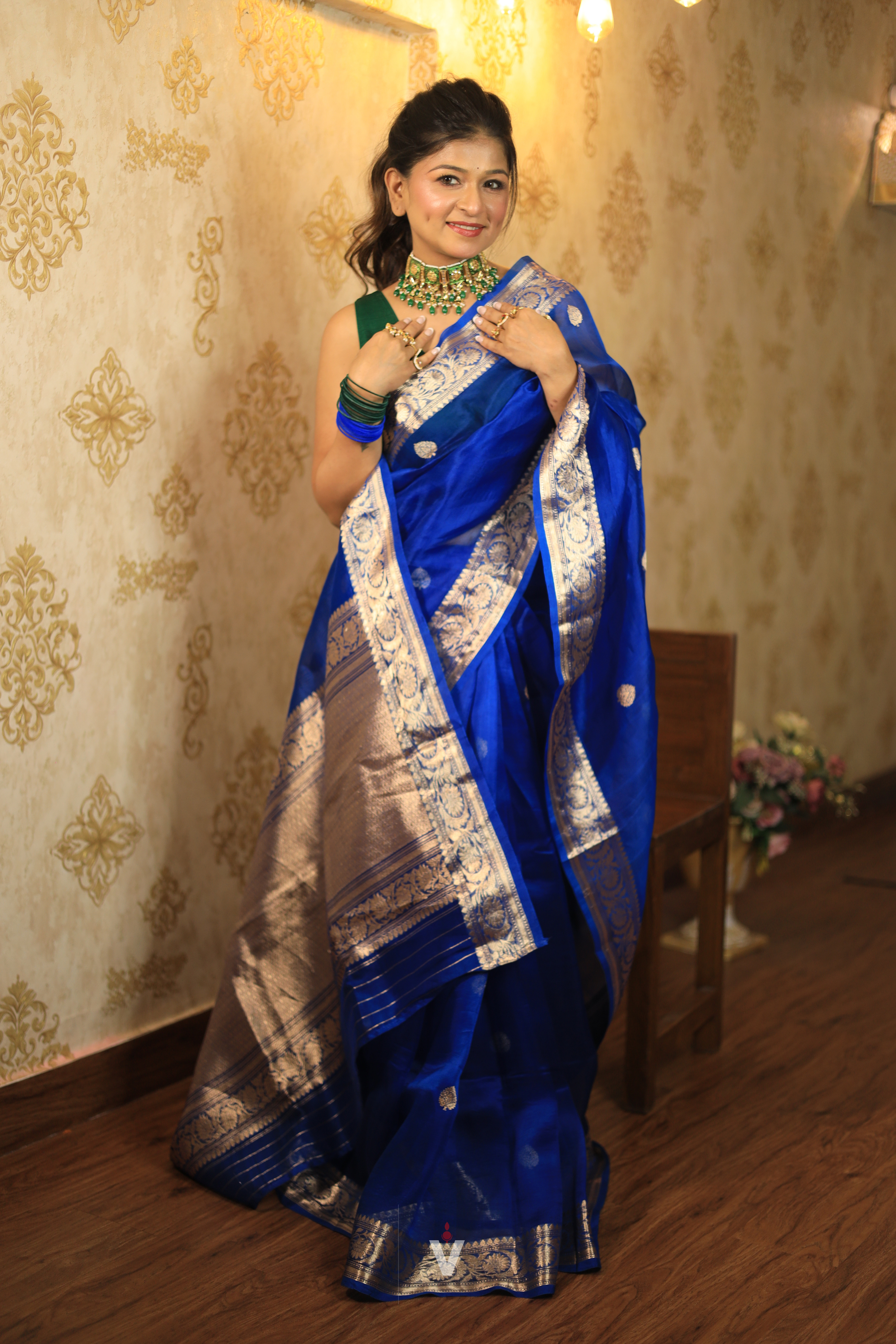 Vishmi Royal Blue Kora Silk Handloom Banarasi Saree for weddings, celebrations and traditional wear