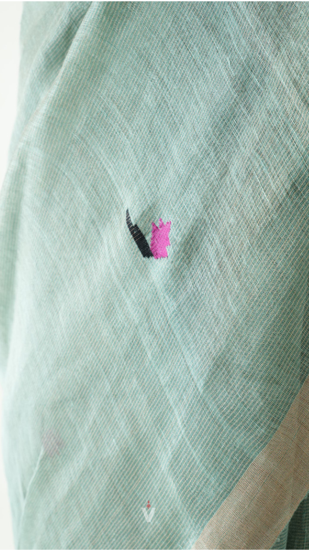 Sage Mist Handloom Silk Linen Peacock Paithani Pallu Saree