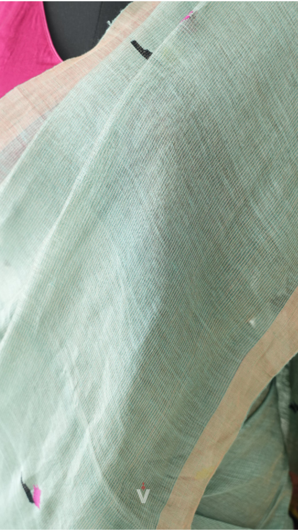 Sage Mist Handloom Silk Linen Peacock Paithani Pallu Saree