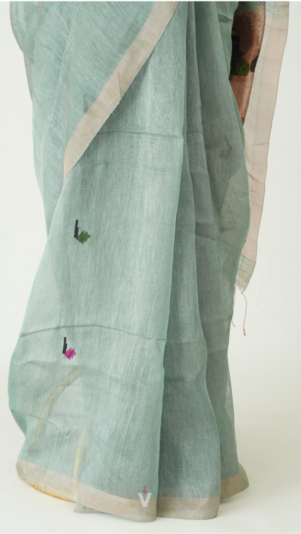 Sage Mist Handloom Silk Linen Peacock Paithani Pallu Saree