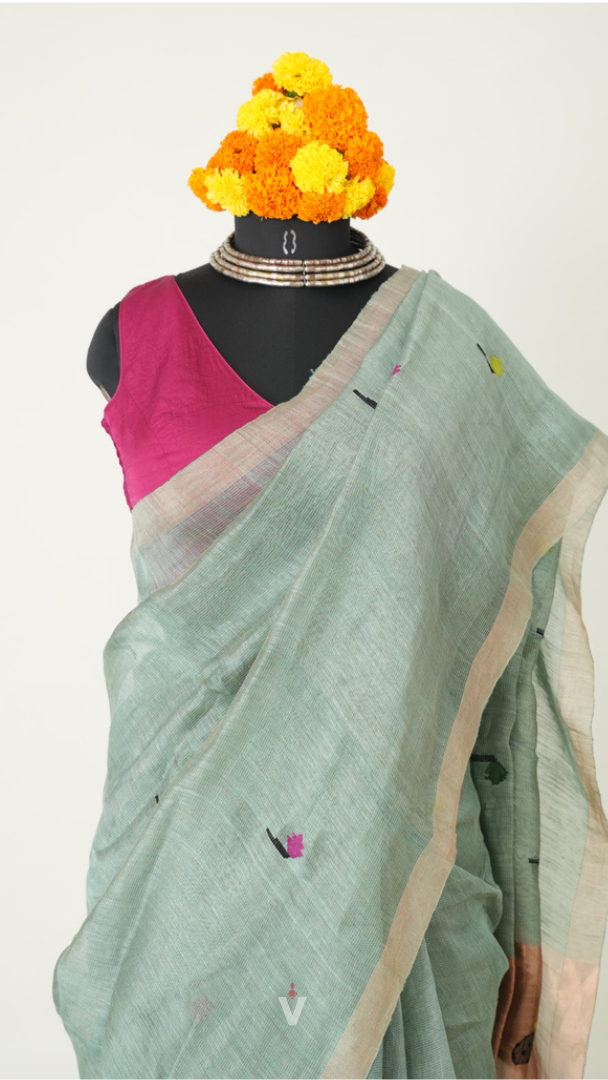 Sage Mist Handloom Silk Linen Peacock Paithani Pallu Saree