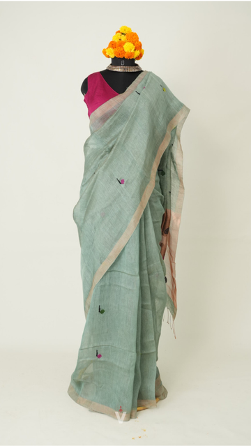 Sage Mist Handloom Silk Linen Peacock Paithani Pallu Saree