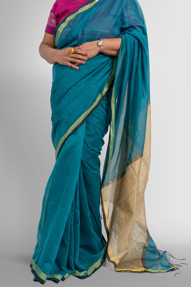 Sea Blue Handloom Cotton Silk Saree with Ghicha look alike pallu and Gold Zari border