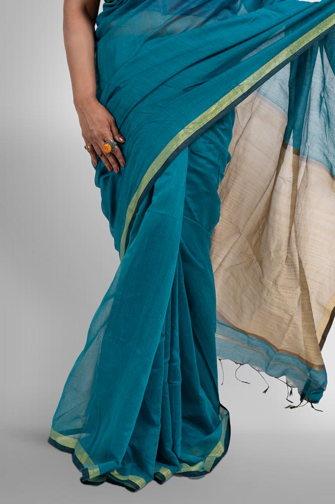 Sea Blue Handloom Cotton Silk Saree with Ghicha look alike pallu and Gold Zari border
