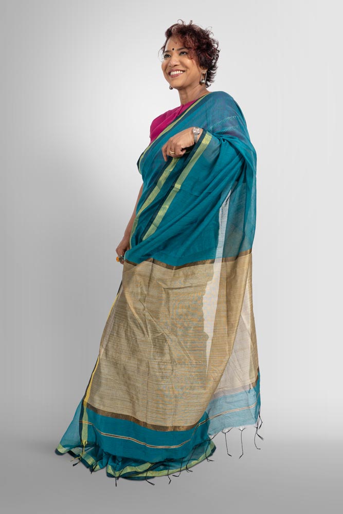 Sea Blue Handloom Cotton Silk Saree with Ghicha look alike pallu and Gold Zari border