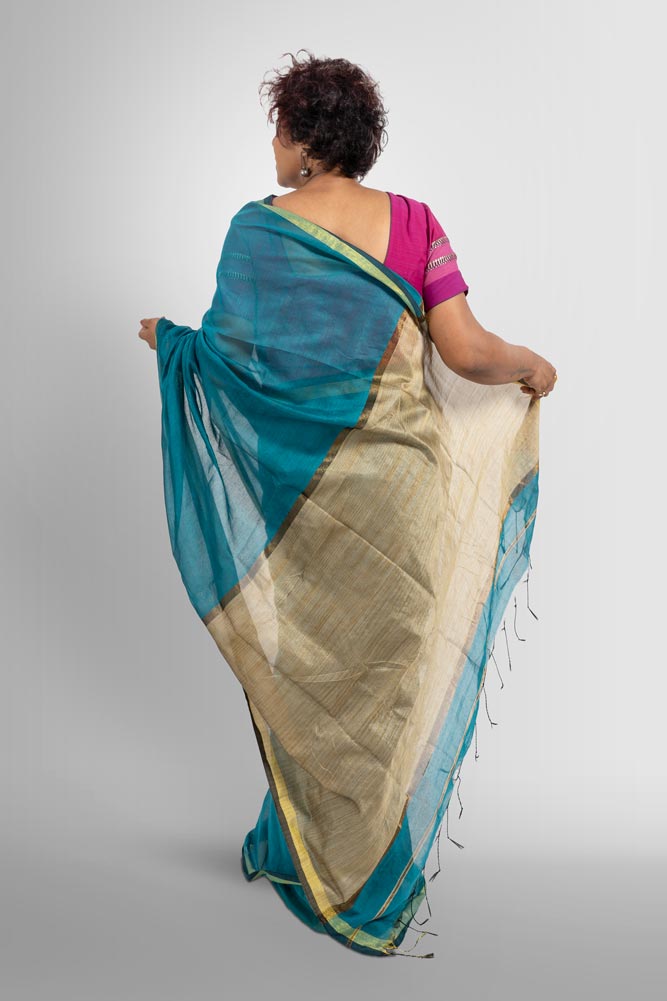 Sea Blue Handloom Cotton Silk Saree with Ghicha look alike pallu and Gold Zari border