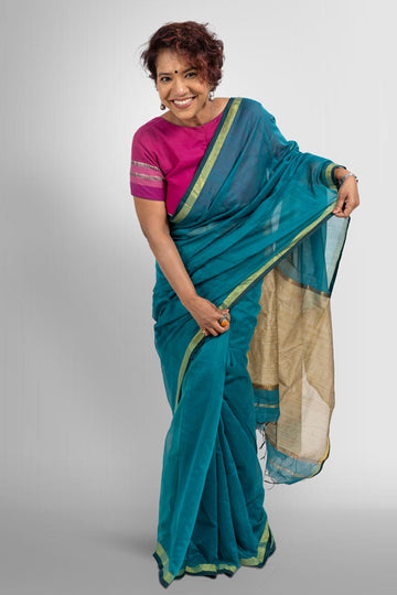 Sea Blue Handloom Cotton Silk Saree with Ghicha look alike pallu and Gold Zari border