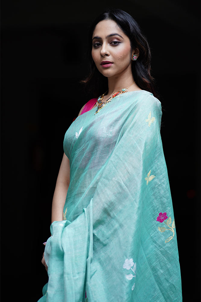 Seagreen Jamdani Tissue Linen Sarees