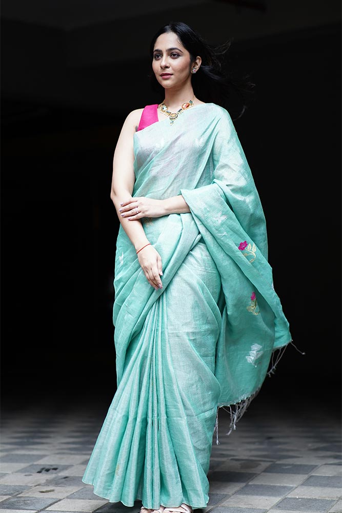 Seagreen Jamdani Tissue Linen Sarees