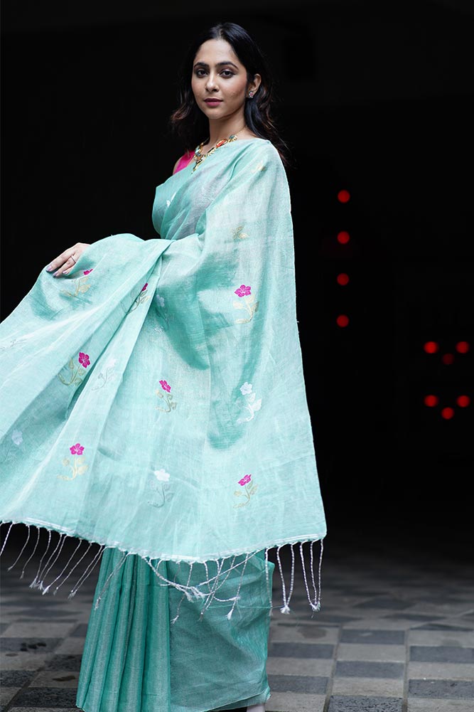 Seagreen Jamdani Tissue Linen Sarees