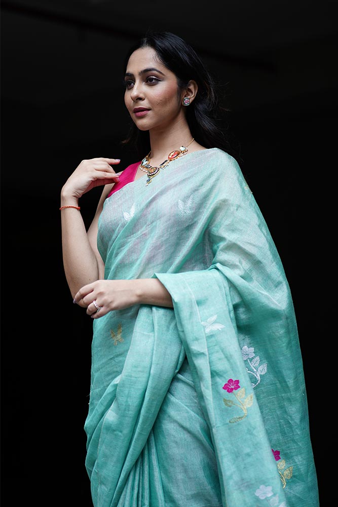 Seagreen Jamdani Tissue Linen Sarees