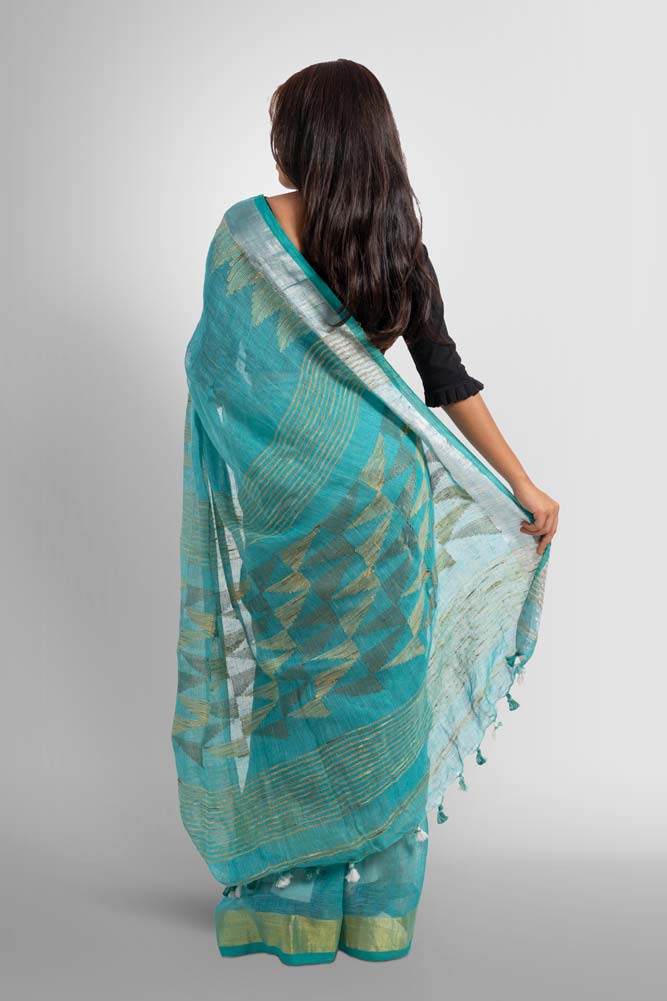 Sky Blue Handloom Linen with Temple Work Zari Border
