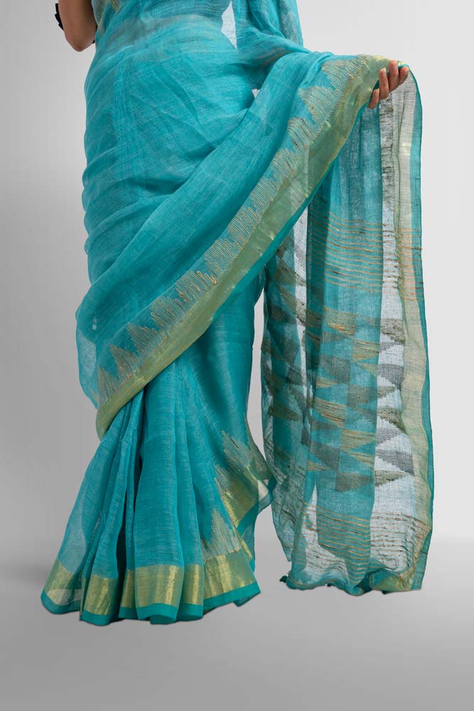 Sky Blue Handloom Linen with Temple Work Zari Border