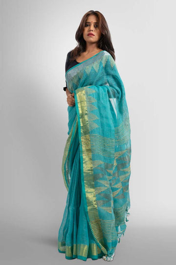 Sky Blue Handloom Linen with Temple Work Zari Border