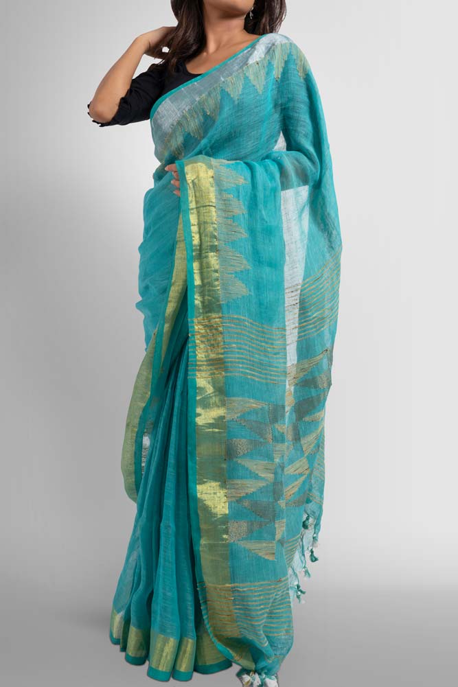 Sky Blue Handloom Linen with Temple Work Zari Border