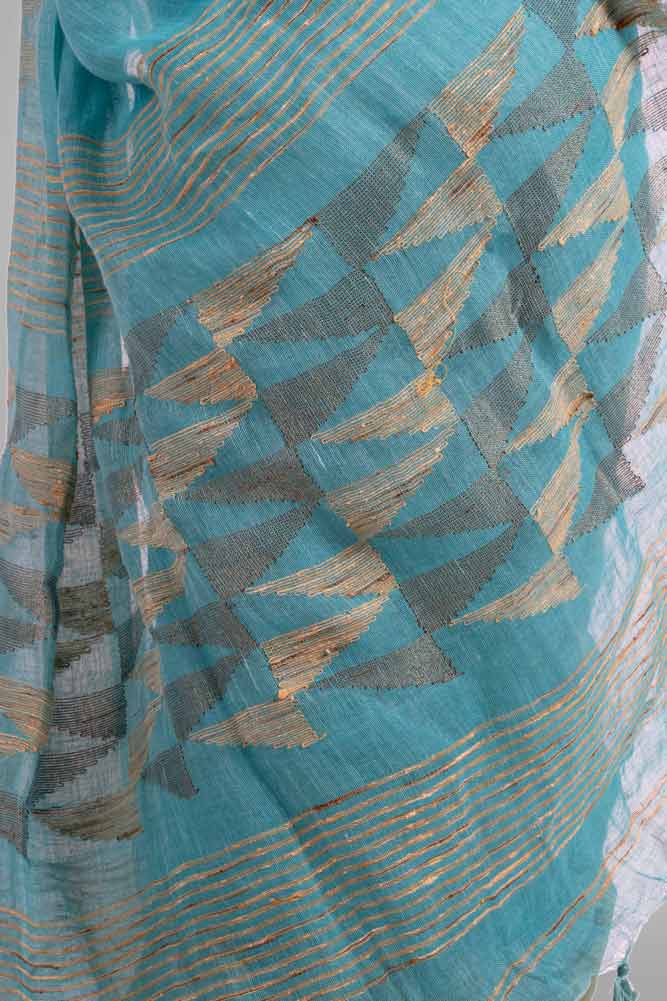Sky Blue Handloom Linen with Temple Work Zari Border
