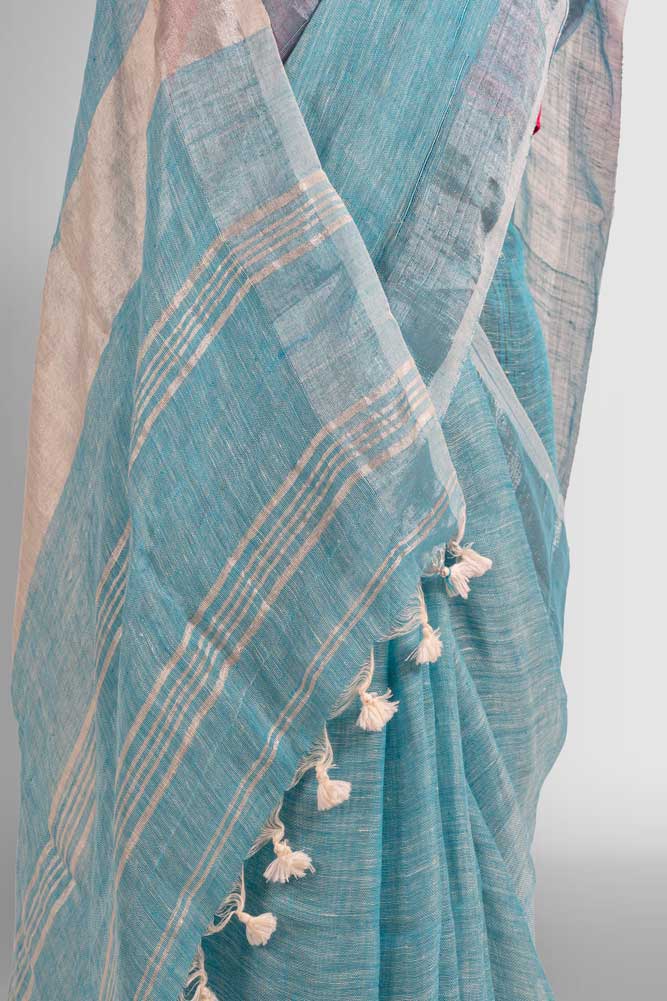 Sky Blue Plain Handloom Linen Saree with Silver Zari
