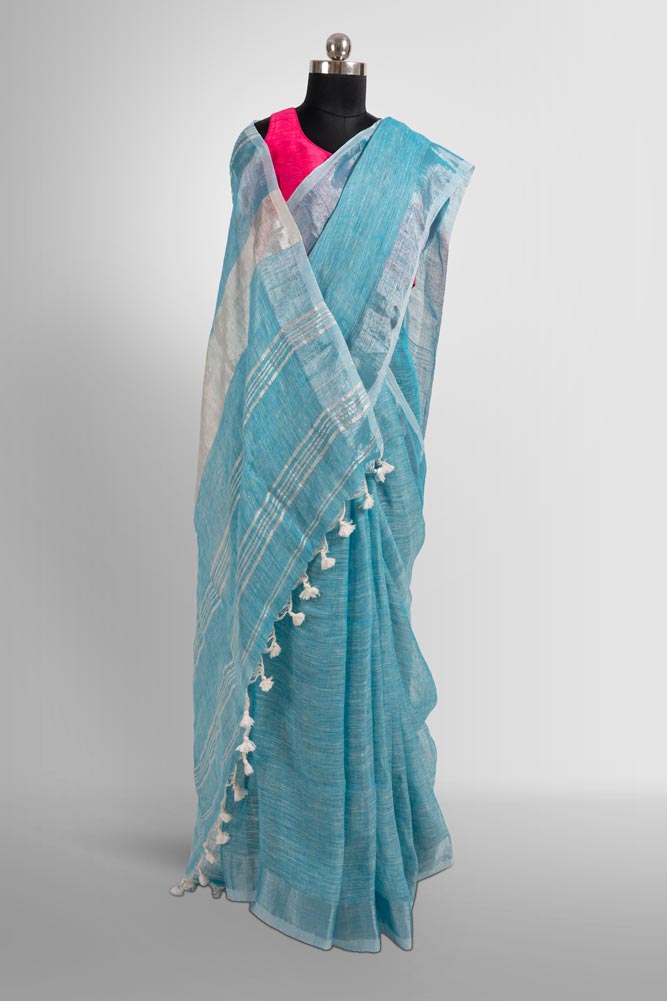 Sky Blue Plain Handloom Linen Saree with Silver Zari