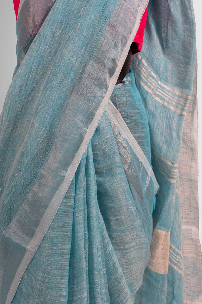 Sky Blue Plain Handloom Linen Saree with Silver Zari