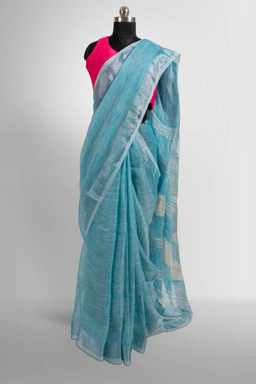 Sky Blue Plain Handloom Linen Saree with Silver Zari