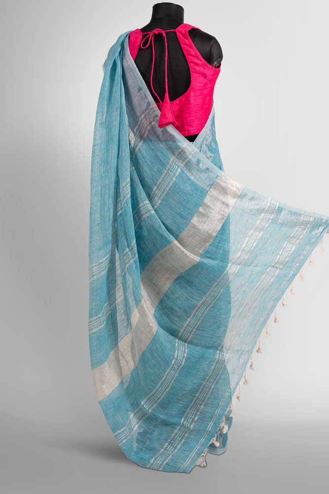 Sky Blue Plain Handloom Linen Saree with Silver Zari