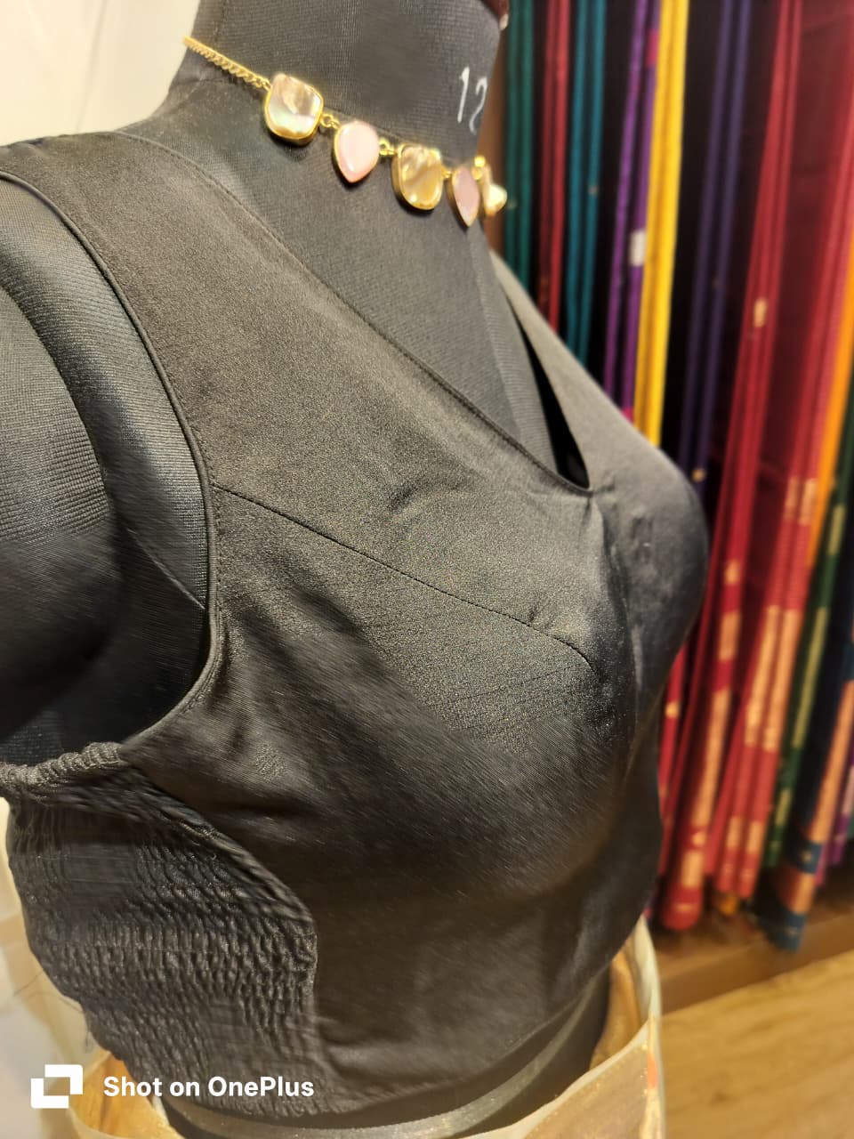 Black Soft Silk V Neck Padded Blouse With Attached Sleeves