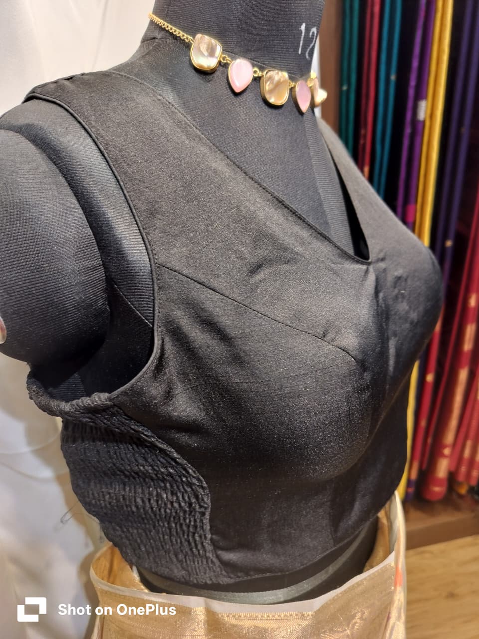 Black Soft Silk V Neck Padded Blouse With Attached Sleeves