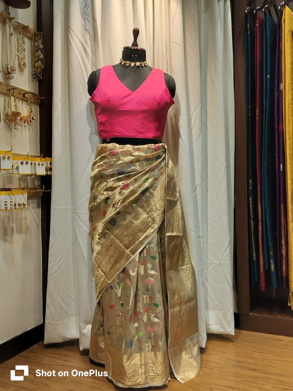 Pink Soft Silk V Neck Padded Blouse With Attached Sleeves