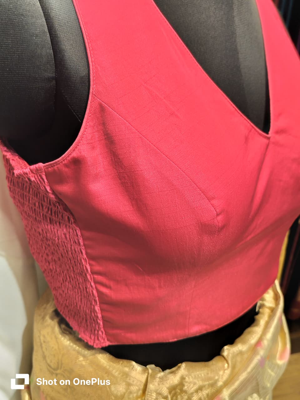 Pink Soft Silk V Neck Padded Blouse With Attached Sleeves