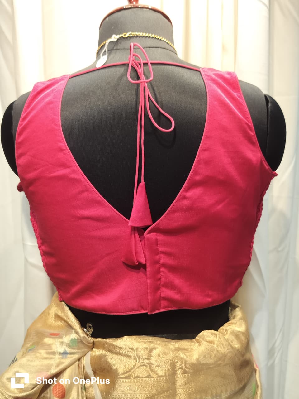 Pink Soft Silk V Neck Padded Blouse With Attached Sleeves