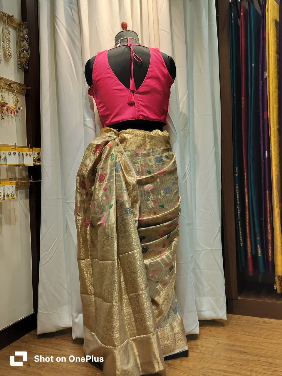 Pink Soft Silk V Neck Padded Blouse With Attached Sleeves