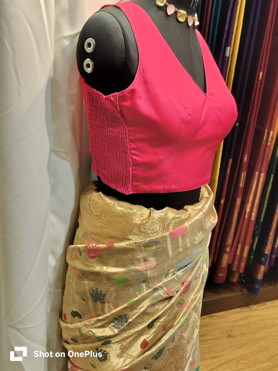 Pink Soft Silk V Neck Padded Blouse With Attached Sleeves