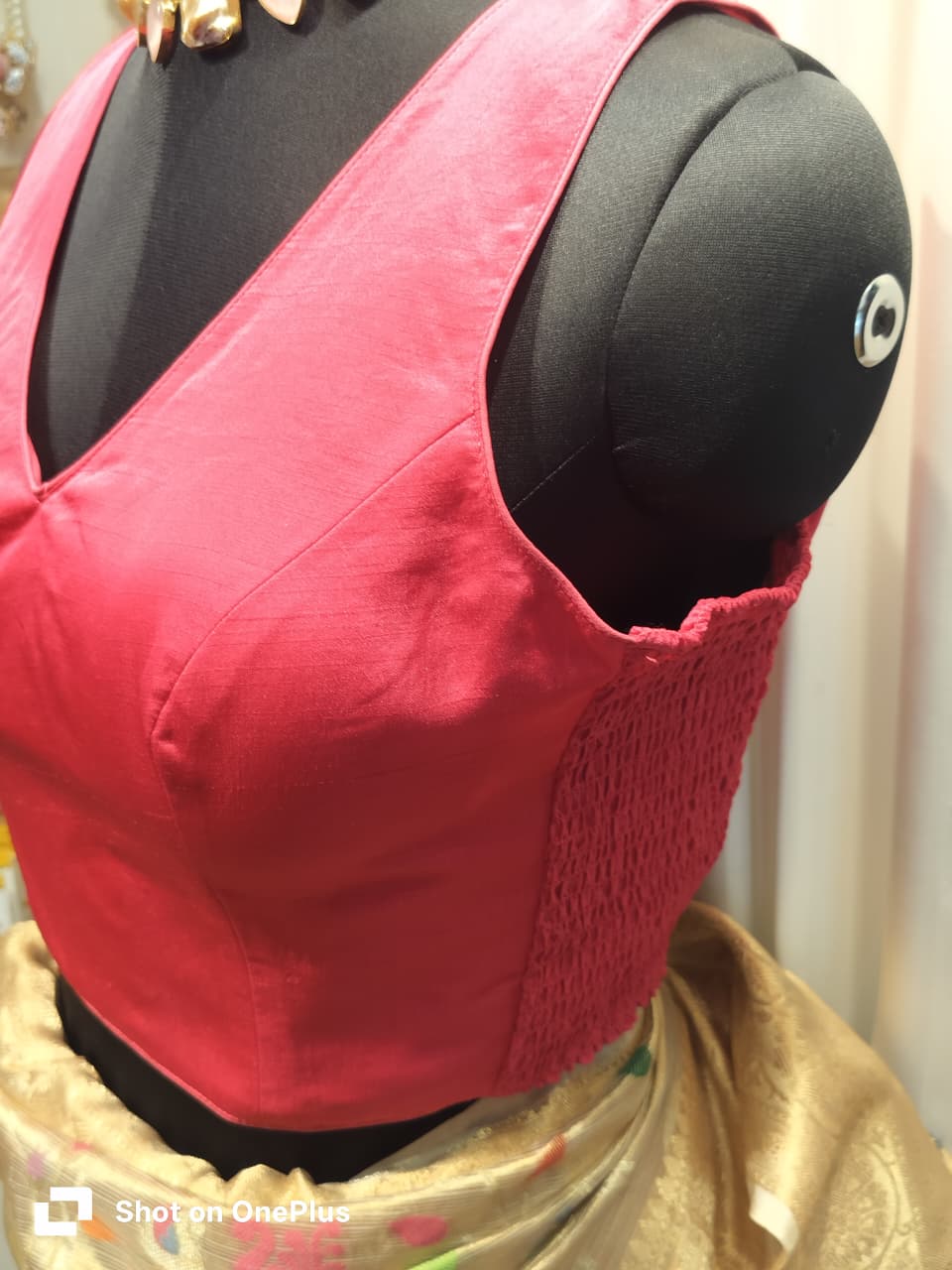 Pink Soft Silk V Neck Padded Blouse With Attached Sleeves
