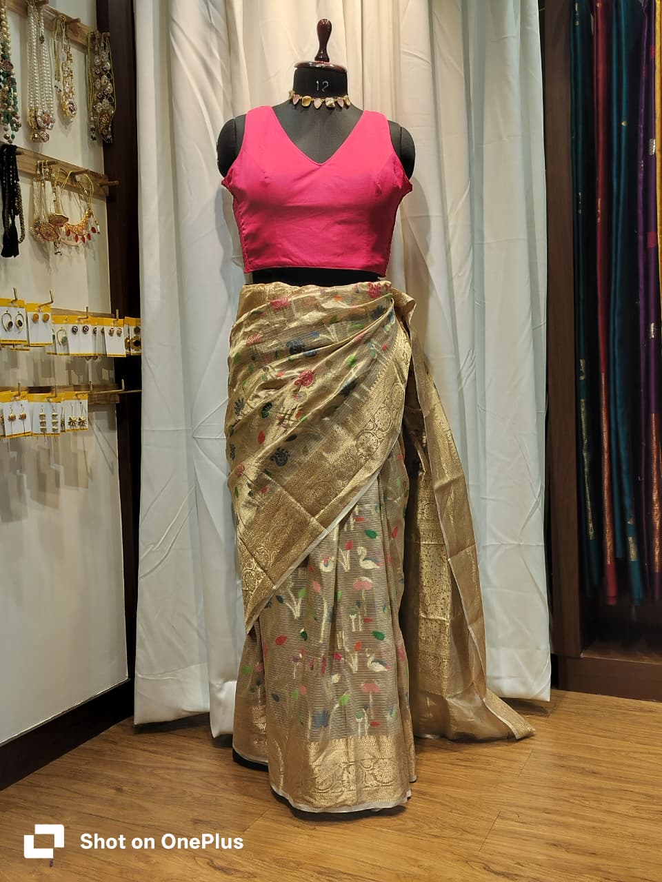 Pink Soft Silk V Neck Padded Blouse With Attached Sleeves