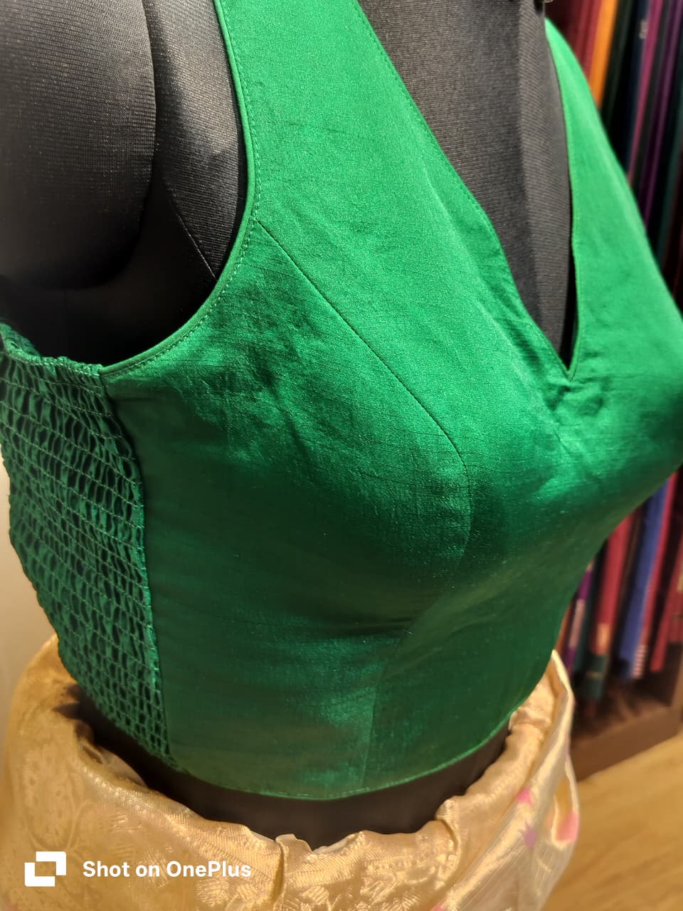Green Soft Silk V Neck Padded Blouse With Attached Sleeves
