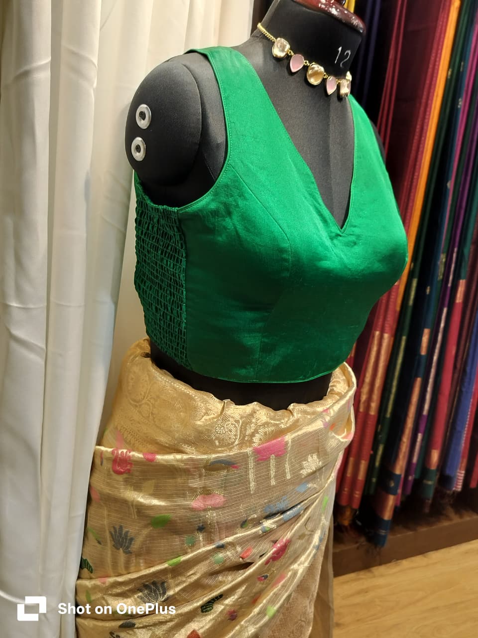 Green Soft Silk V Neck Padded Blouse With Attached Sleeves