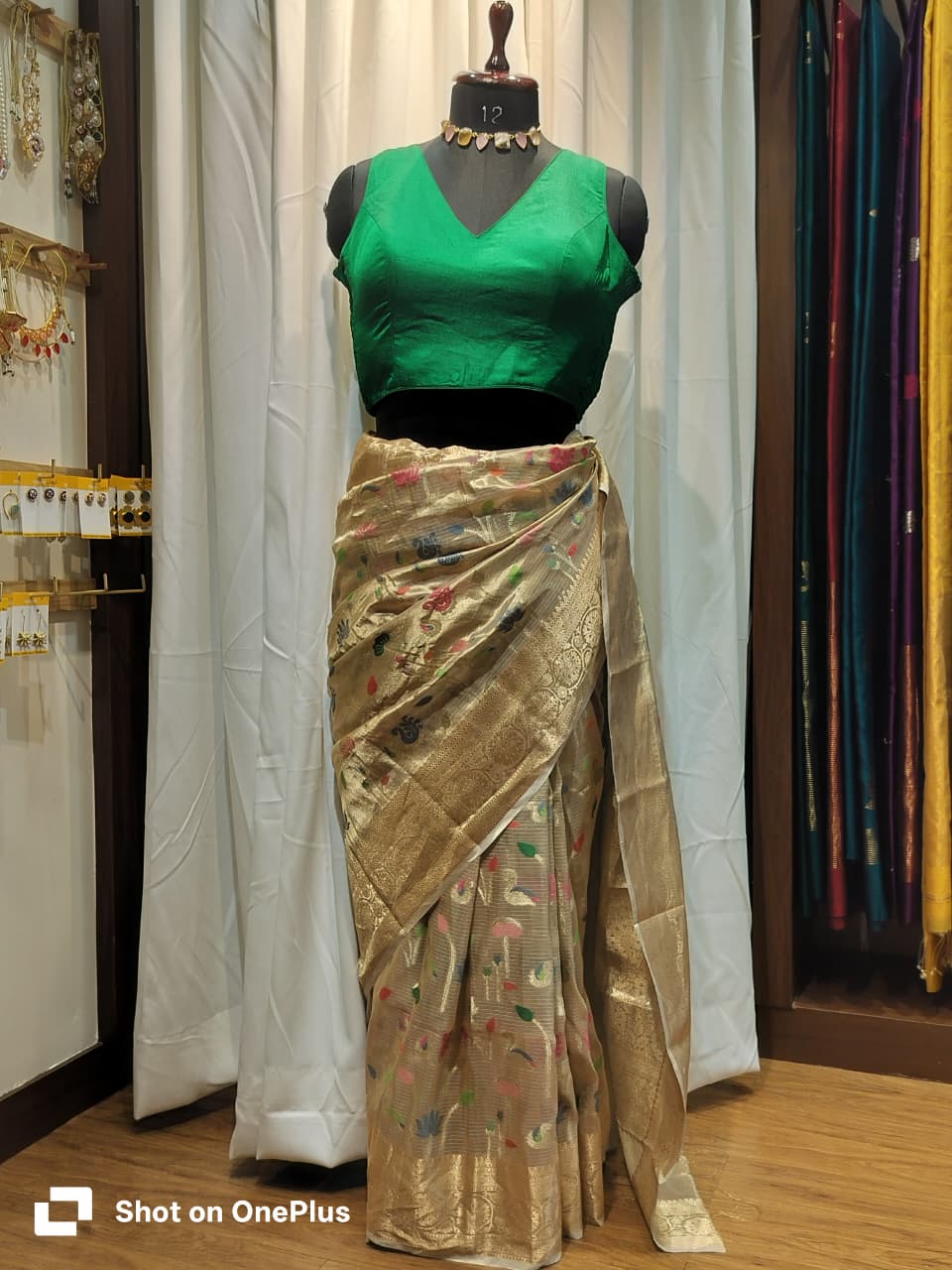 Green Soft Silk V Neck Padded Blouse With Attached Sleeves
